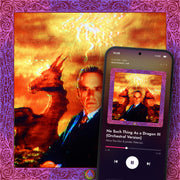 TRUTH & DRAGONS (ORCHESTRAL VERSIONS) digital album: cover art with a phone playing it on meaningwave.com