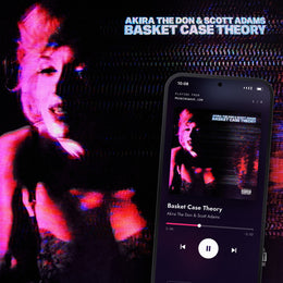 BASKET CASE THEORY digital album: cover art with a phone playing it on meaningwave.com