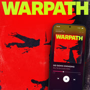 WARPATH digital album: cover art with a phone playing it on meaningwave.com
