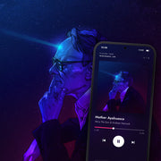 THE WAR ON CONSCIOUSNESS digital album: cover art with a phone playing it on meaningwave.com