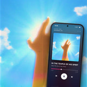 ANTHEM digital album: cover art with a phone playing it on meaningwave.com