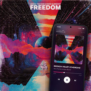 FREEDOM digital album: cover art with a phone playing it on meaningwave.com