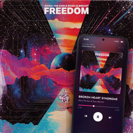 FREEDOM digital album: cover art with a phone playing it on meaningwave.com