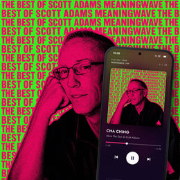 THE BEST OF SCOTT ADAMS MEANINGWAVE digital album: cover art with a phone playing it on meaningwave.com