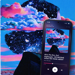 MANIFESTATION MUSIC digital album: cover art with a phone playing it on meaningwave.com